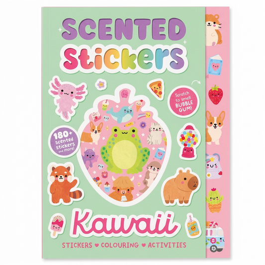 Green and pink Kawaii scented stickers activity book cover with cute animals and treats on white