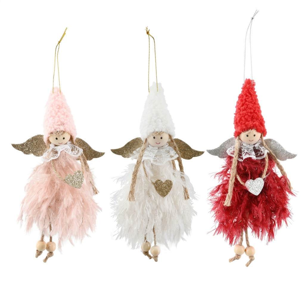 Pink, white and red Christmas hanging fairy decorations on a square white background