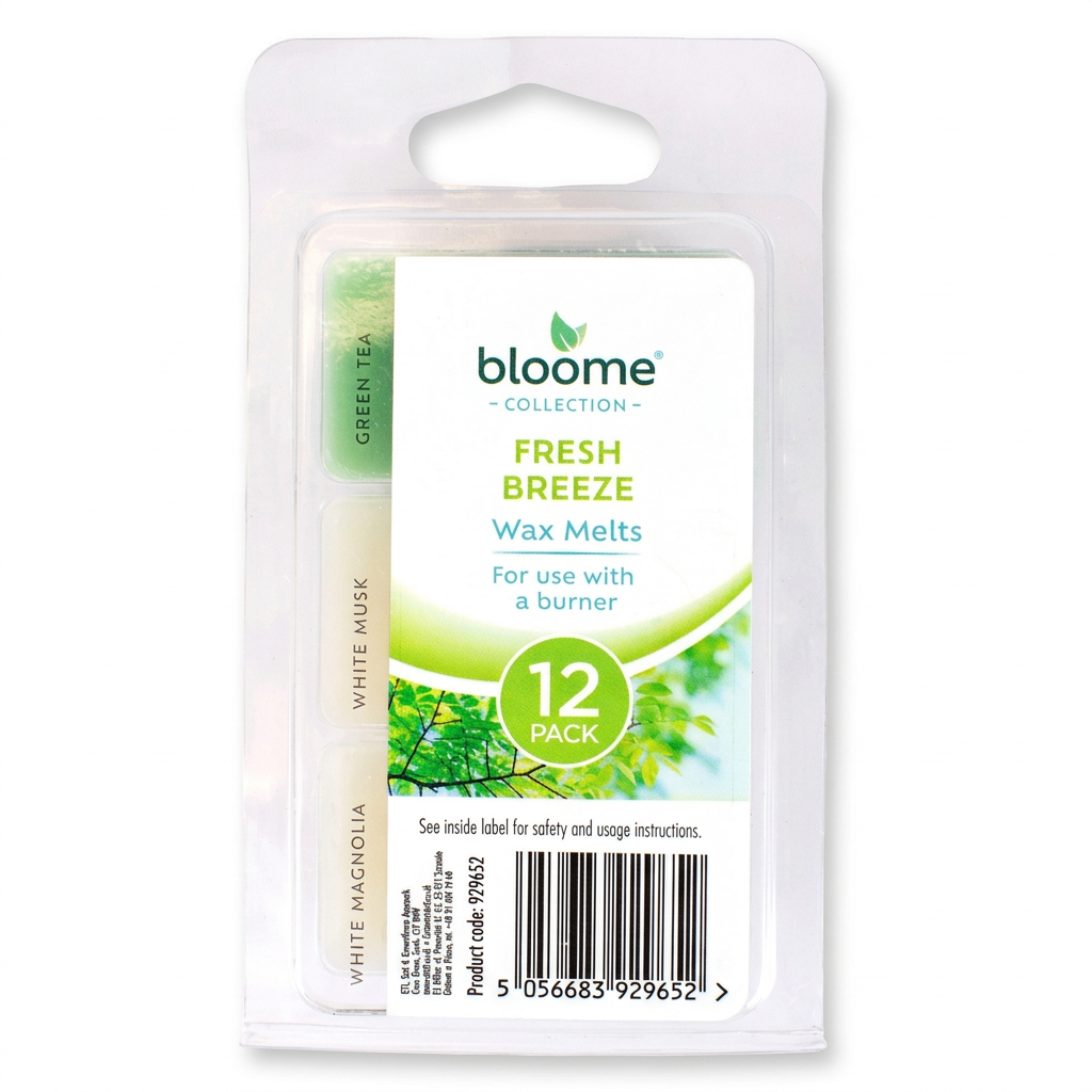 Bloome Collection Fresh Breeze wax melts 12 pack with Green Tea, White Musk and White Magnolia scents on a white background