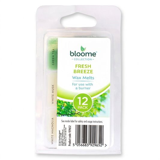 Bloome Collection Fresh Breeze wax melts 12 pack with Green Tea, White Musk and White Magnolia scents on a white background