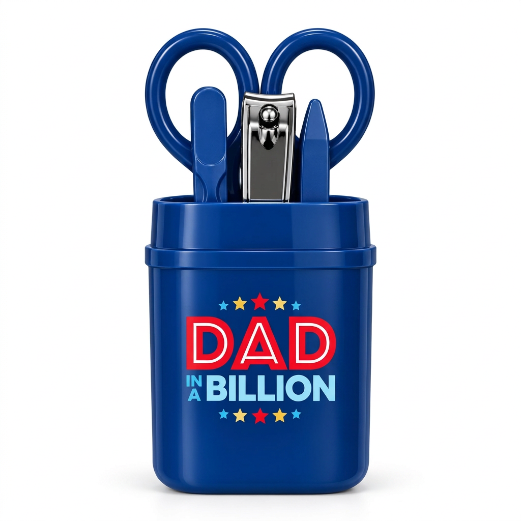 Blue Dad in a Billion manicure set with scissors and nail-care tools on a white background