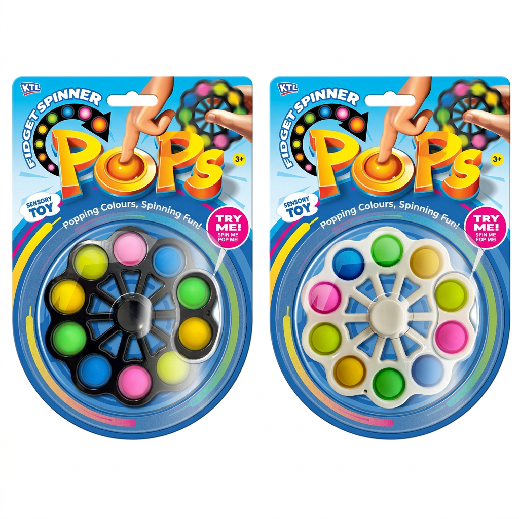 Black and white Pops fidget spinner designs in colourful retail packaging on a white background