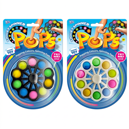 Black and white Pops fidget spinner designs in colourful retail packaging on a white background