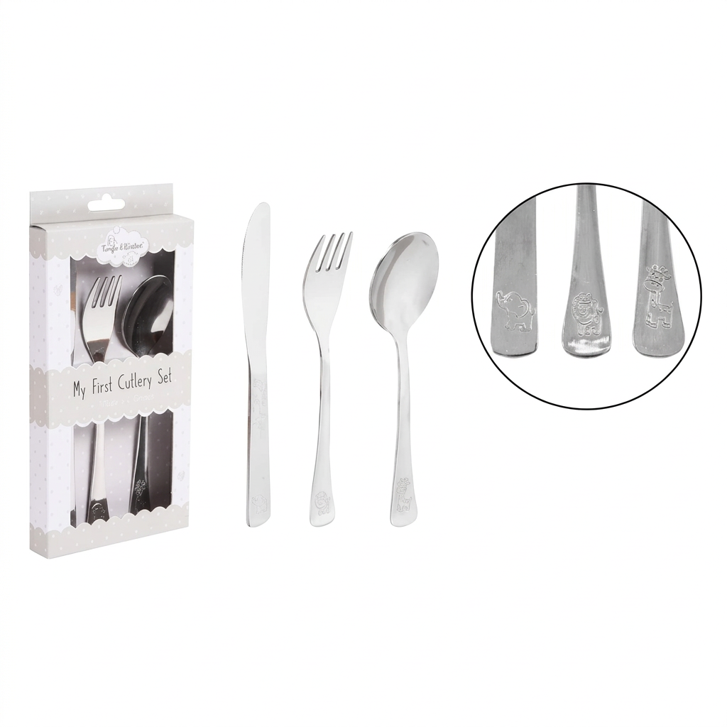 My first cutlery set with knife, fork and spoon, gift box and handle detail on a white background