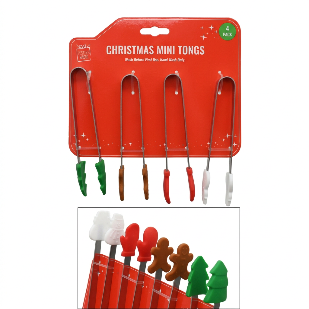 Four-pack of Christmas mini tongs on a square white background