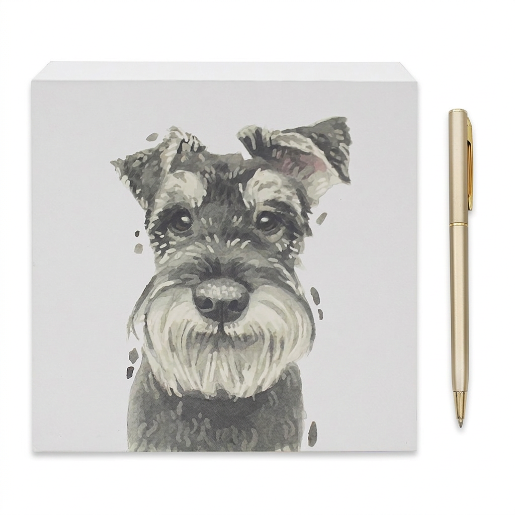 Schnauzer portrait notepad beside a gold-coloured pen on a white background