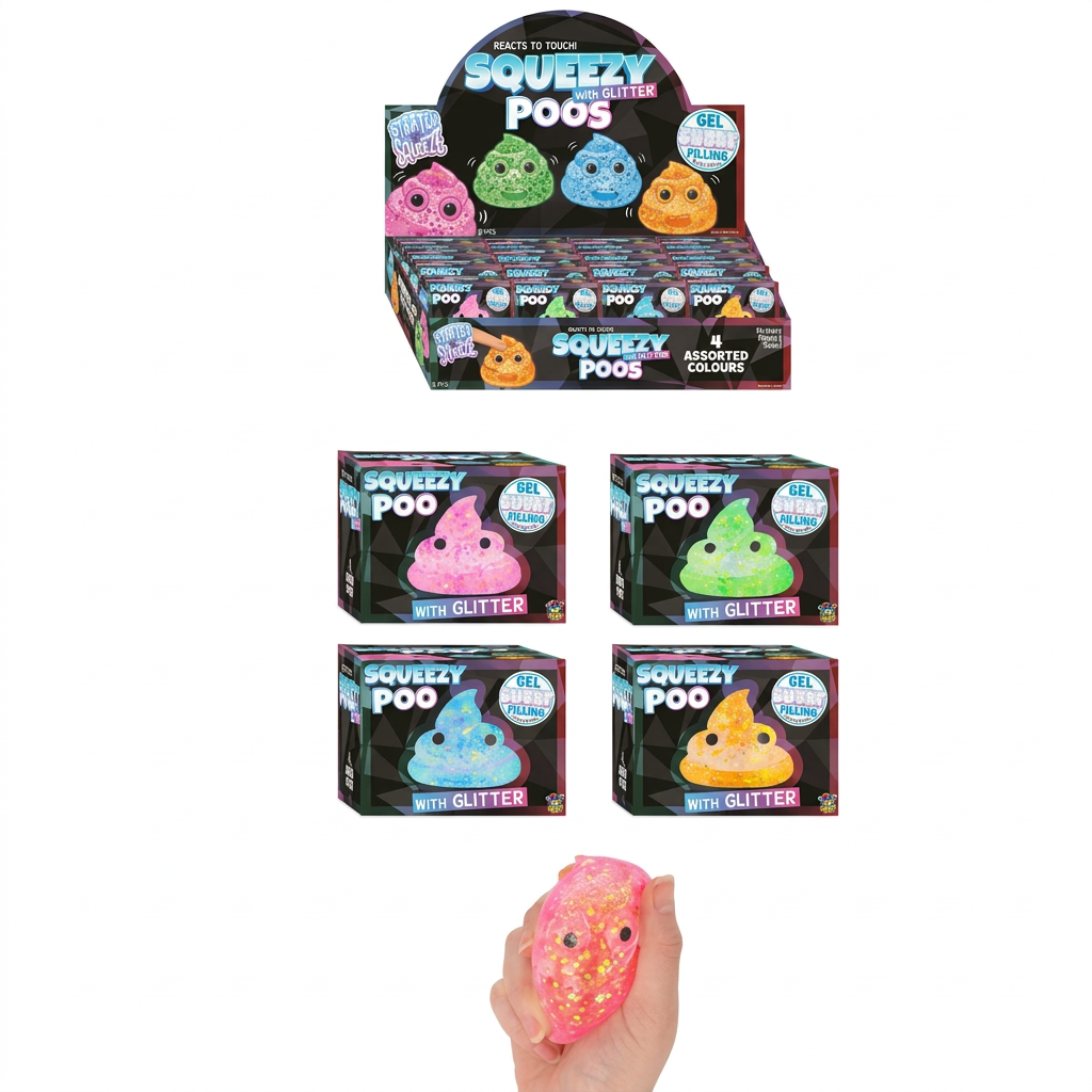 Glitter squeezy poo toys in four colours with retail packaging and a squeeze demonstration on white
