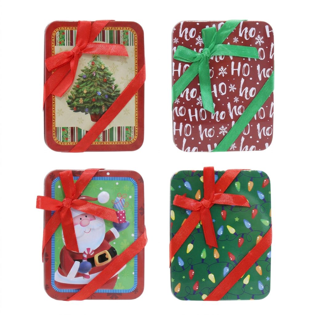 Four Christmas gift card tin designs with ribbon bows on a square white background