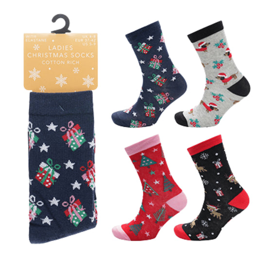 Ladies cotton rich Christmas socks in four assorted festive designs