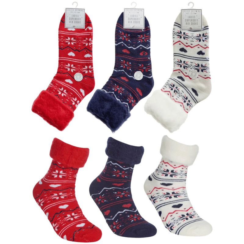 Ladies Fairisle bed socks with grippers assorted colours
