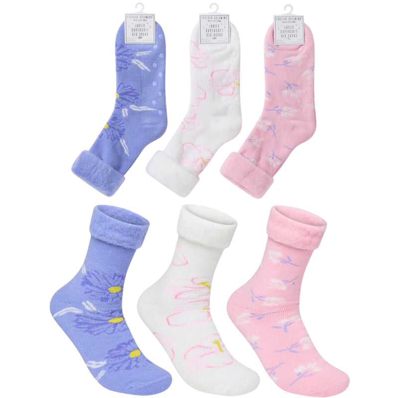 Ladies floral design bed socks with grippers assorted colours
