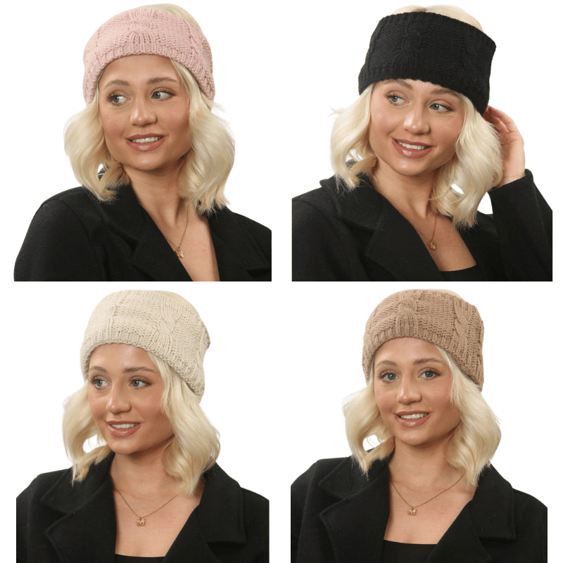 Ladies Heat Machine cable knit sherpa lined headbands in pink, black, beige and tan