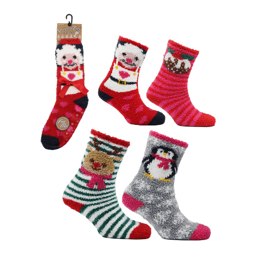 Ladies Snuggle Toes Christmas socks with grippers in festive designs