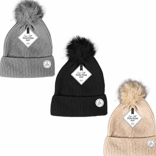Ladies super-soft marl pom-pom ribbed hats in grey, black and beige
