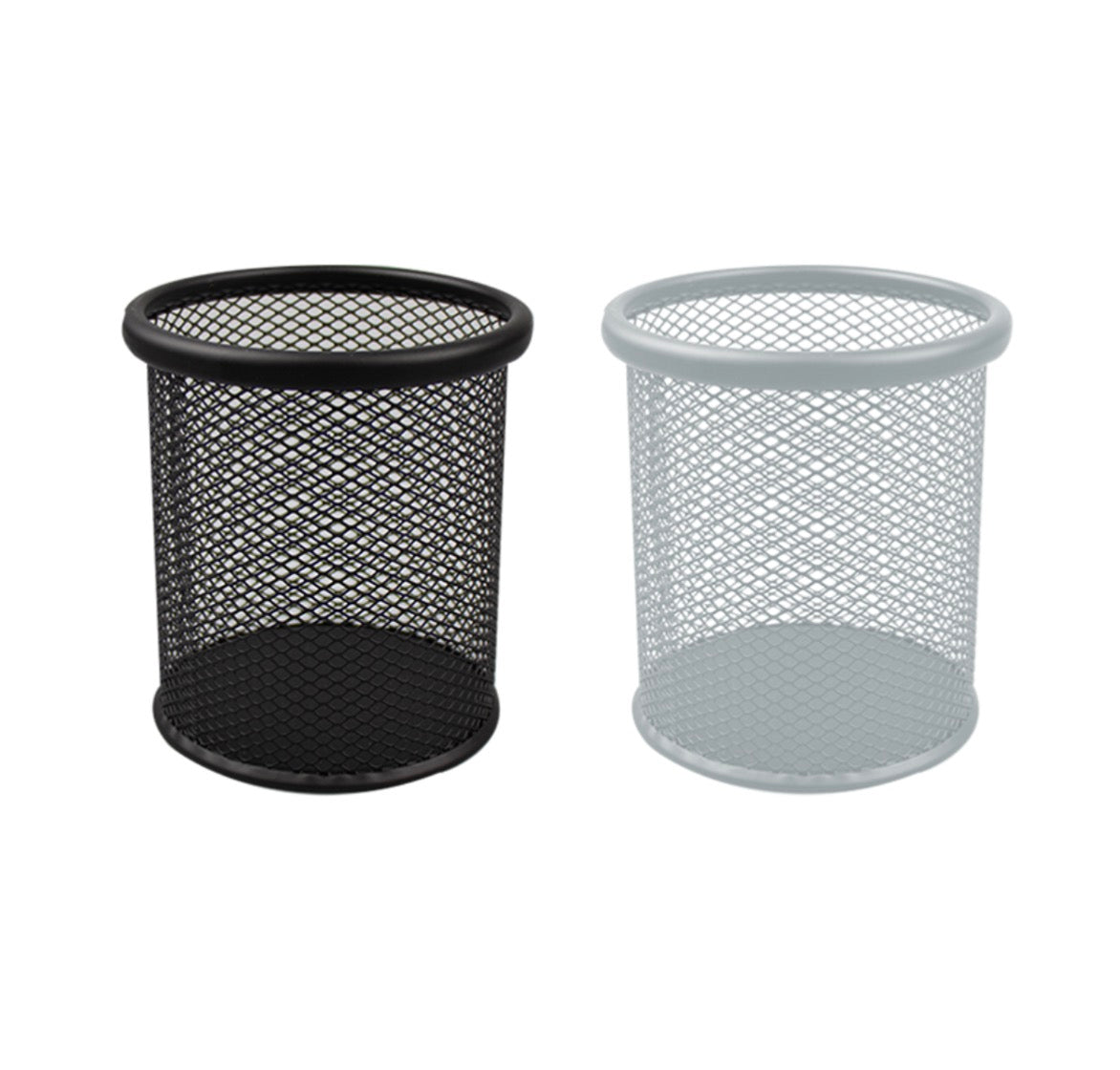 Black and silver metal pen pots