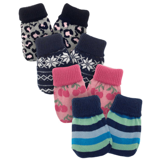 Reusable mini hand warmers with knitted covers in animal print, snowflake, cherries and stripe designs