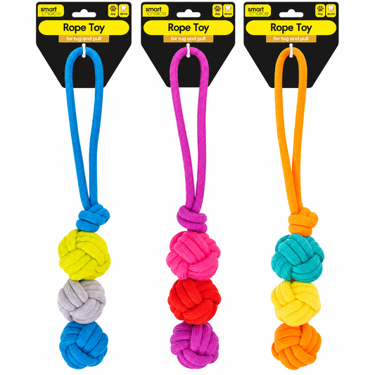 Smart Choice triple-knot ball rope dog toys in blue, pink and orange