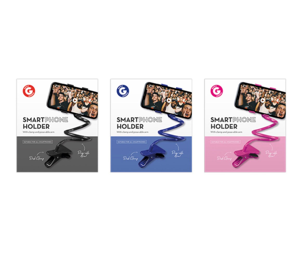 Smart phone holders in black, blue and pink