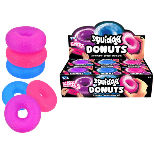 Squidgy donut toys in purple, pink and blue